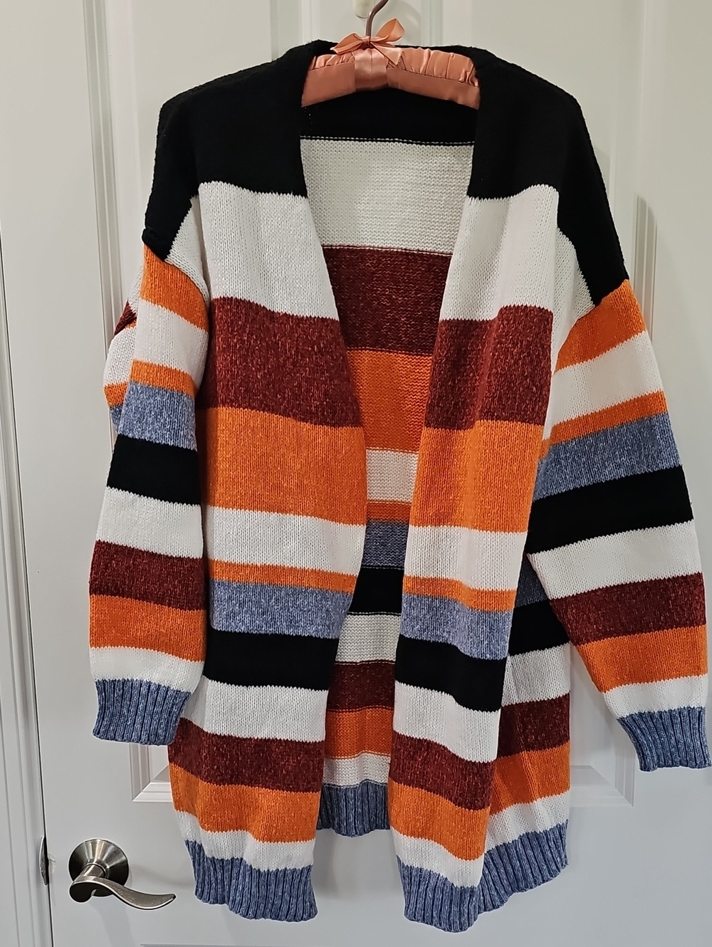 Striped Open-Front Women's Cardigan Sweater in Orange, Black & White
